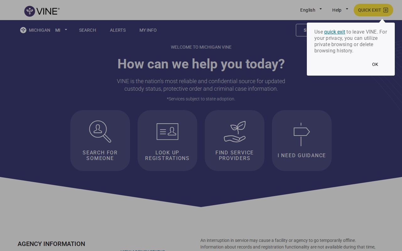 Michigan VINELink custody search and notification interface for a Houghton County check