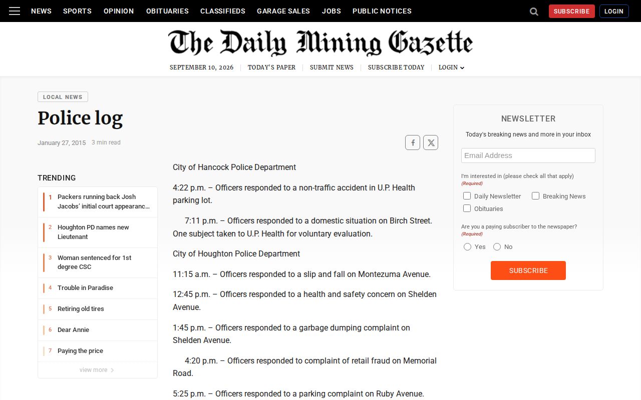 Mining Gazette historical Houghton County police arrest log page